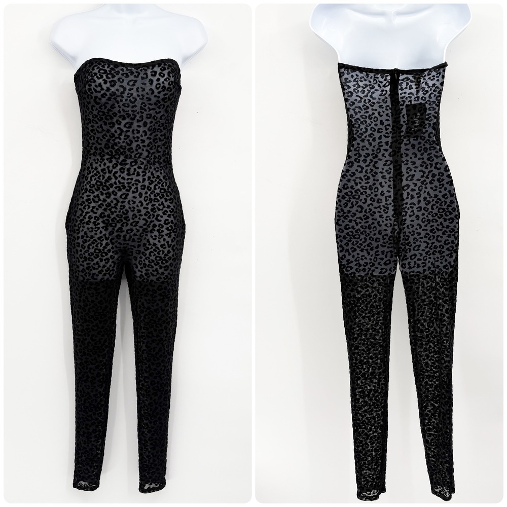 NWT Forplay Womens Black Leopard Mesh Sheer Flocked Velvet Clubwear Catsuit S